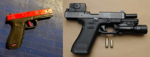 A SIRT laser training pistol on the right and a Glock pistol on the left is shown in this handout photo from the Alberta Serious Incident Response Team.