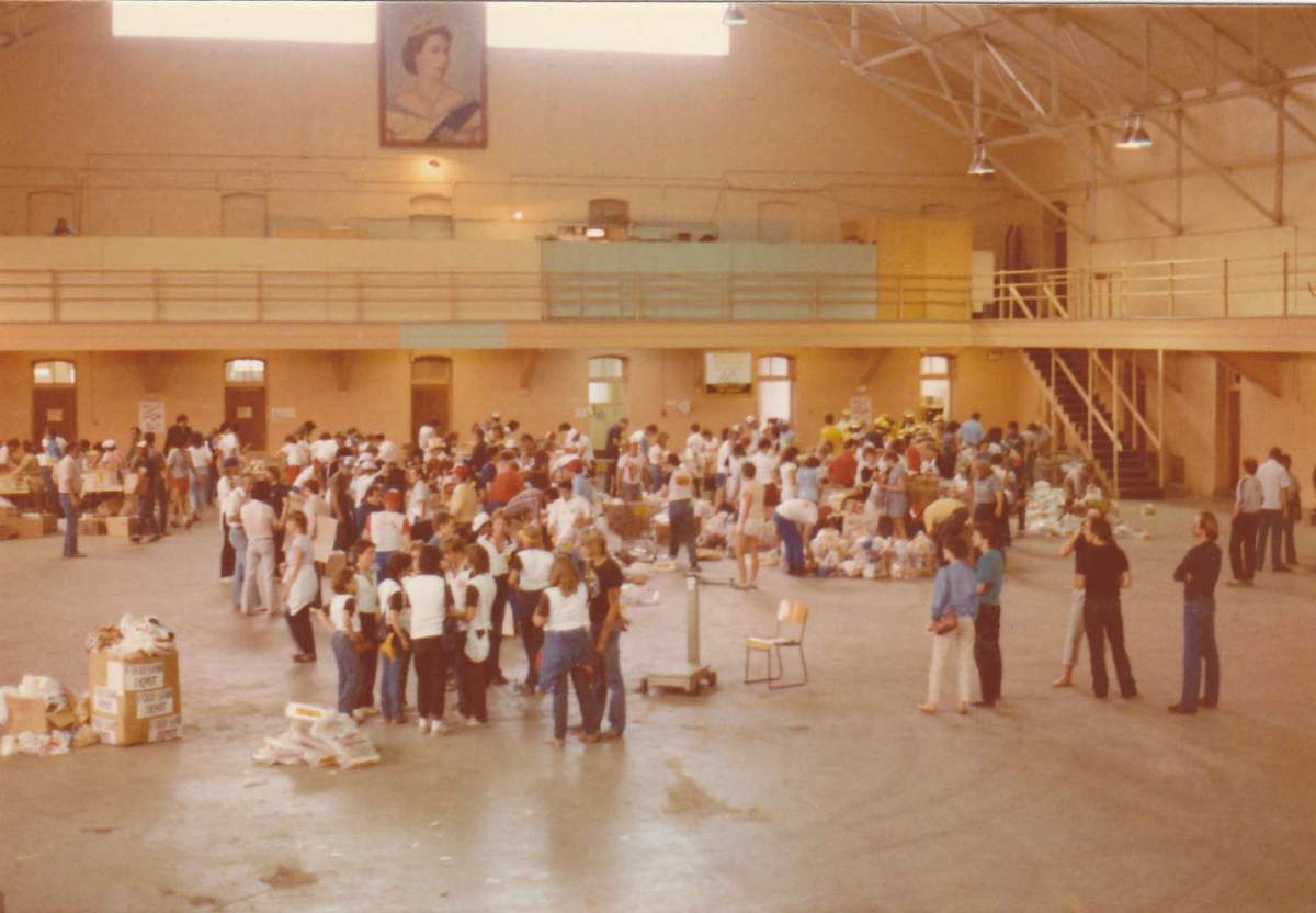 Volunteers inside the Prince of Wales Armouries in 1984