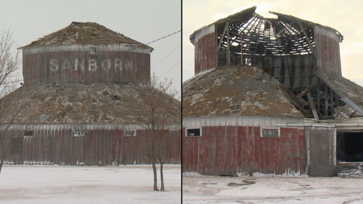 An iconic barn built in Drinkwater, Saskatchewan in 1907 is going to come down after suffering severe damage in this week's wild winter storm. 
