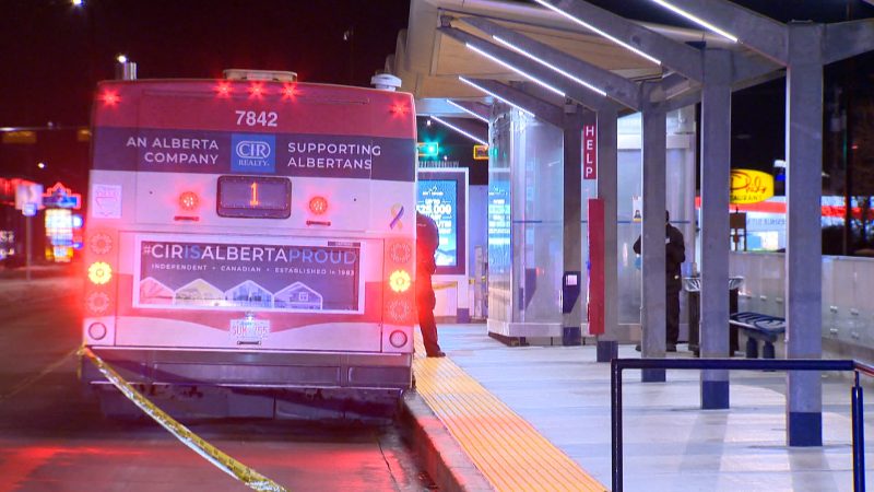 Police investigate after a woman was run over by a Calgary Transit bus on Monday, Jan. 4, 2021. 