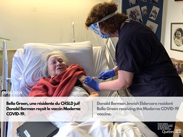 Bella Green a resident of Donald Berman Jewish Eldercare Centre was first in line to receive the Moderna COVID-19 vaccine. Tuesday, Jan. 5, 2021.