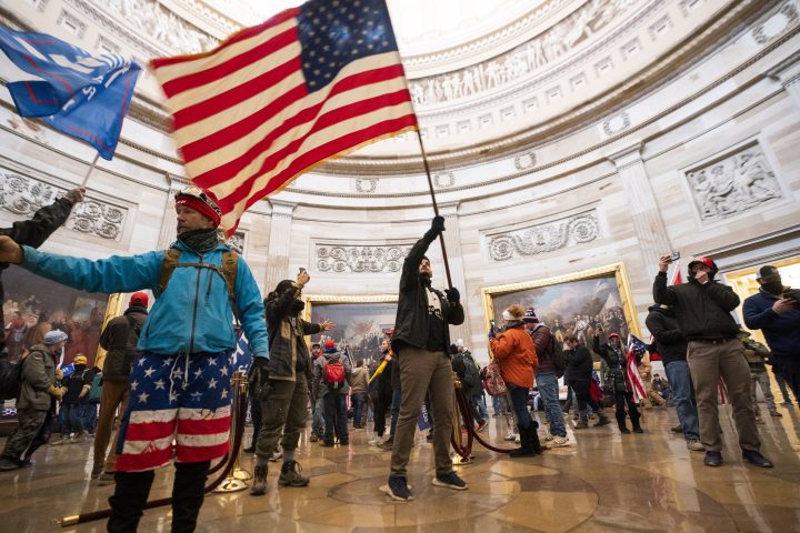 Supporters of US President Donald J. Trump in the Capitol Rotunda after breaching Capitol security in Washington, DC, USA, 06 January 2021. Protesters entered the US Capitol where the Electoral College vote certification for President-elect Joe Biden took place.  