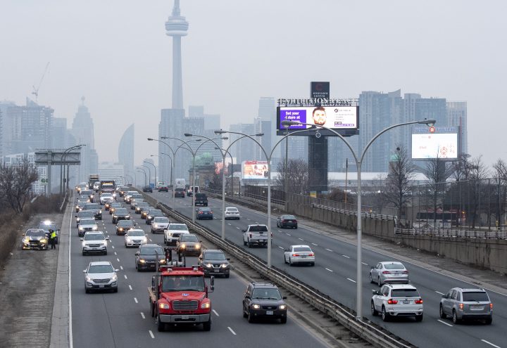 Heavy traffic leaves the downtown core in Toronto on Thursday January 14, 2021.