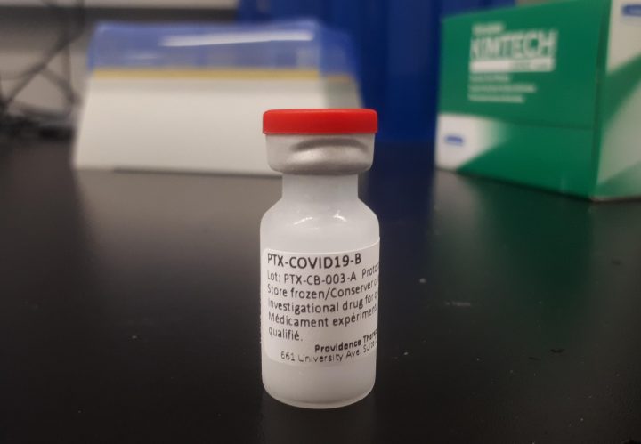 A medication vial is shown in this undated handout image provided by Providence Therapeutics. Human clinical trials have begun in Toronto for a proposed COVID-19 vaccine by a Canadian company. Providence Therapeutics of Calgary says 60 subjects will be monitored for 13 months, with the first results expected next month.