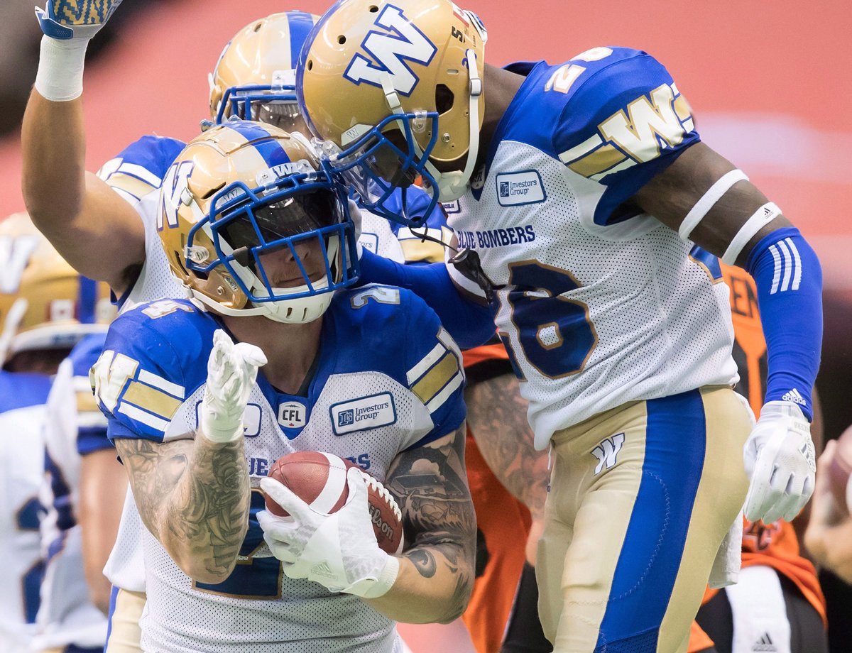 Winnipeg Blue Bombers' Mike Miller, left, and Tyneil Cooper celebrate after recovering their own onside kick during the first half of a CFL football game against the B.C. Lions.