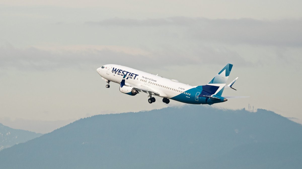 A WestJet Airlines Boeing 737 MAX 8 (C-FCTK) jet takes off from Vancouver International Airport, Richmond, B.C. on Monday, February 10, 2020.
