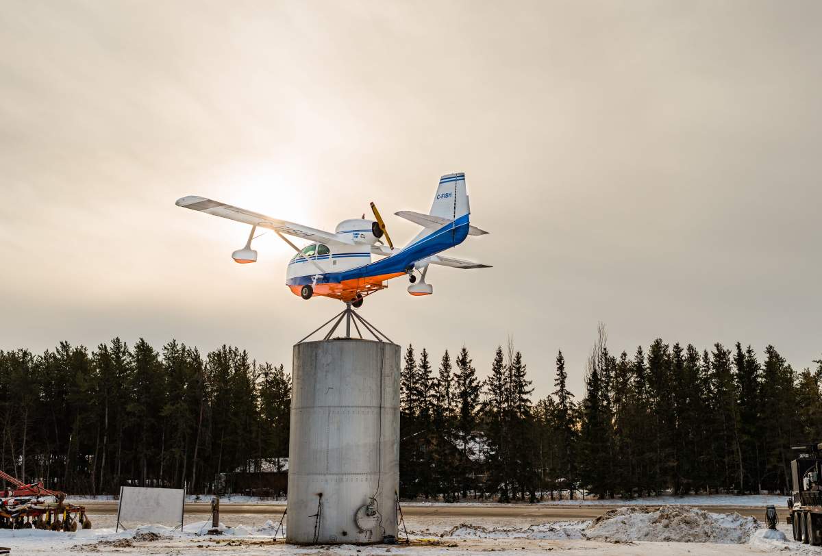 A pilot has installed a spinning 1947 Sea Bee airplane as a landmark off of Highway 3 west of Prince Albert, Sask.