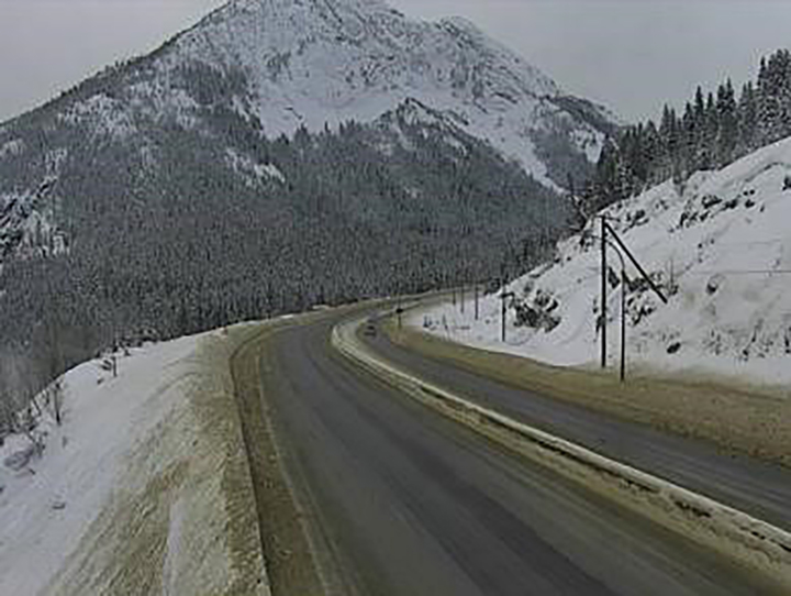 Road conditions at the summit of the Coquihalla Highway on Tuesday. The summit has an elevation of 1,230 metres. The highway will undergo an overnight closure for avalanche control.