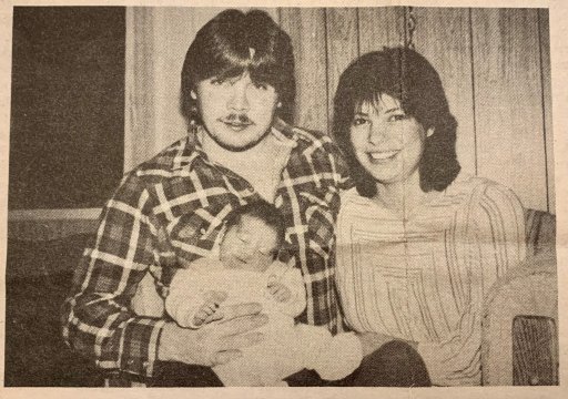 A birth announcement for Davanna Dawson. The Revelstoke New Year’s baby for 1987 is pictured with her parents David and Irene.