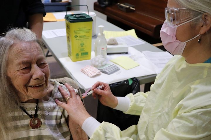 Eleonore Kueber, a 93-year-old resident of Maple View Long-Term Care Residence in Owen Sound, Ont., is Grey County's first person to receive the COVID-19 vaccine.