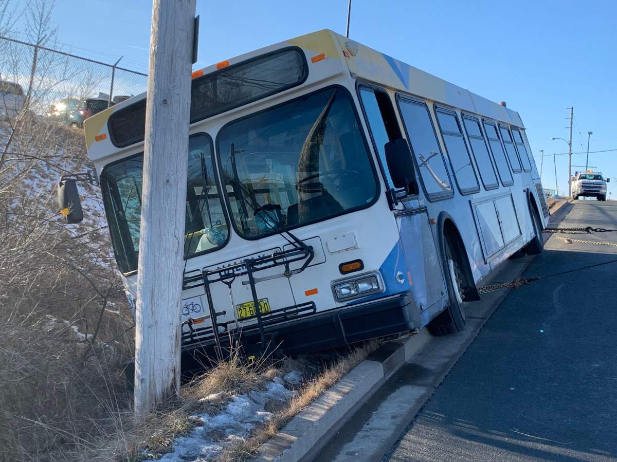 Officials say there were no major injuries after a Halifax Transit bus veered off of Walker Ave. in Lower Sackville on Jan. 13, 2021. 