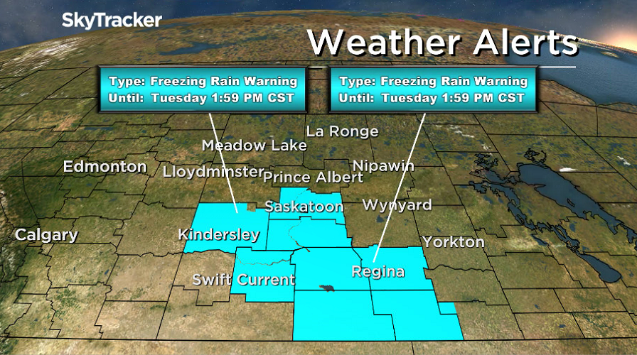 Freezing rain is expected to last up to two hours in parts of Saskatchewan before ending, Environment Canada said.