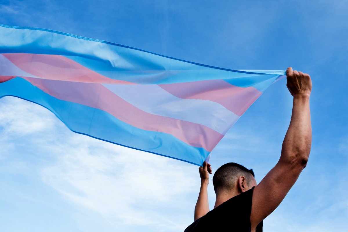 A young person holding a transgender pride flag over their head against the blue sky.