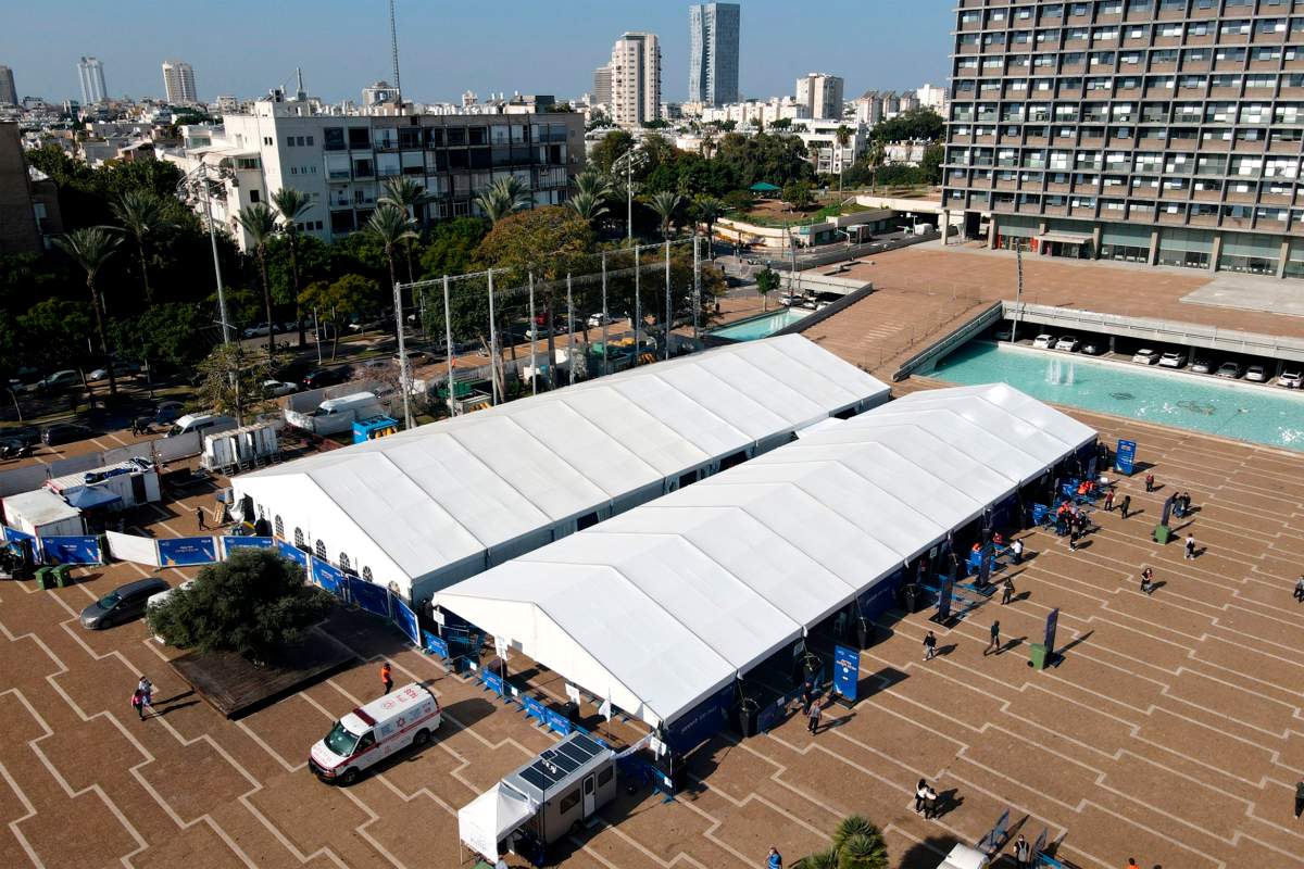 A large vaccination centre open by the Tel Aviv-Yafo Municipality and Tel Aviv Sourasky Medical Center is pictured on Dec. 31, 2020 in the Israeli coastal city.
