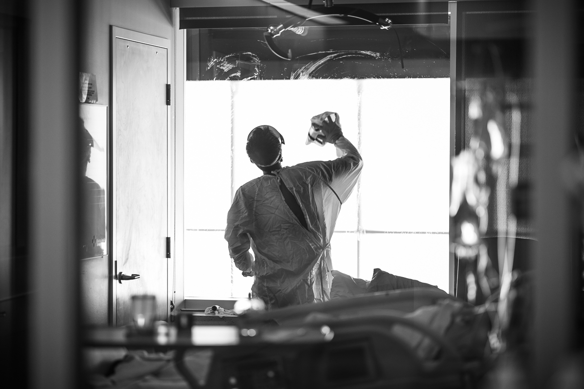 AHS worker sanitizing facilities.