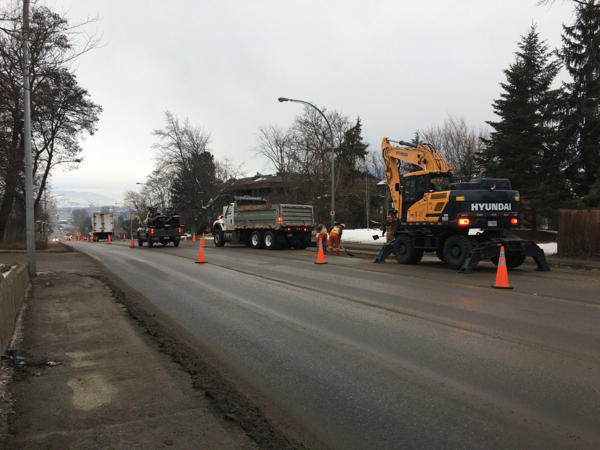 Crews at work on Highway 97 in Vernon on Sunday morning fixing a water main break. 