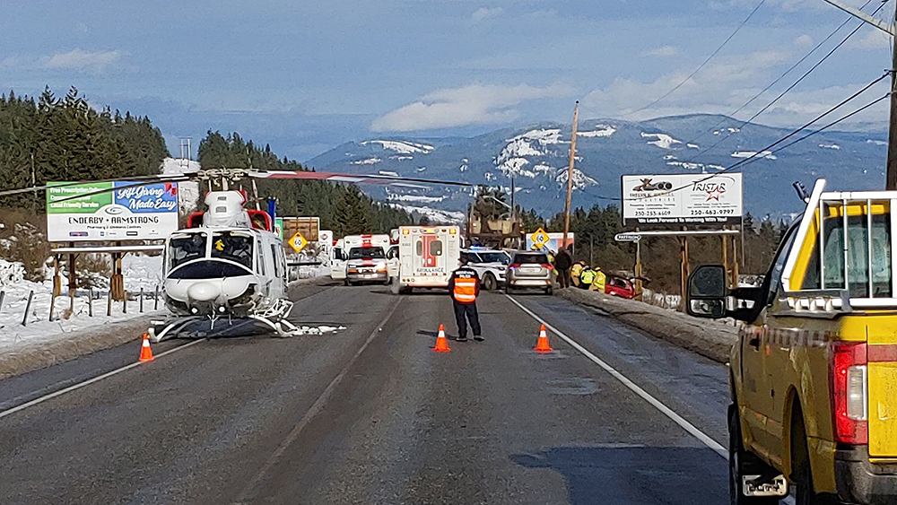 Police say Highway 97A near Enderby, B.C., is closed because of a serious head-on collision. The highway is closed between Stepney Cross Road and Canyon Road, and all traffic is being diverted to Back Enderby Road.