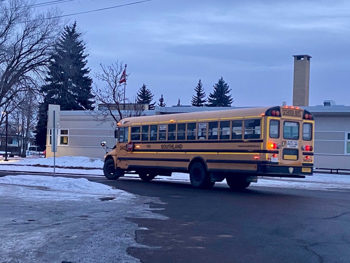 A school bus outside Mount Pleasant School in Edmonton on Monday, Jan. 11, 2020.