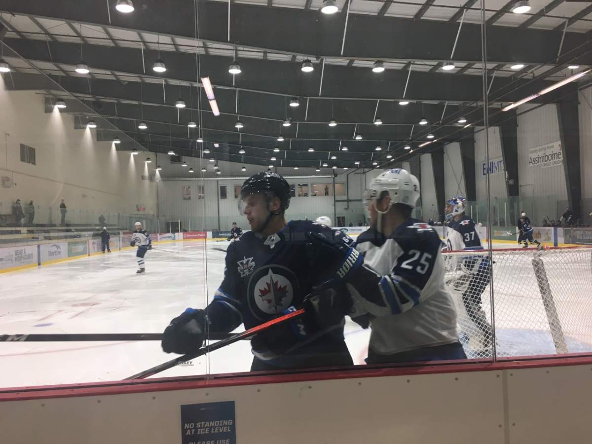 Team Blue edged Paul Stastny, Connor Hellebuyck and Team White 3-2 in what might be the only scrimmage of Winnipeg Jets training camp. Kelly Moore/Global News .