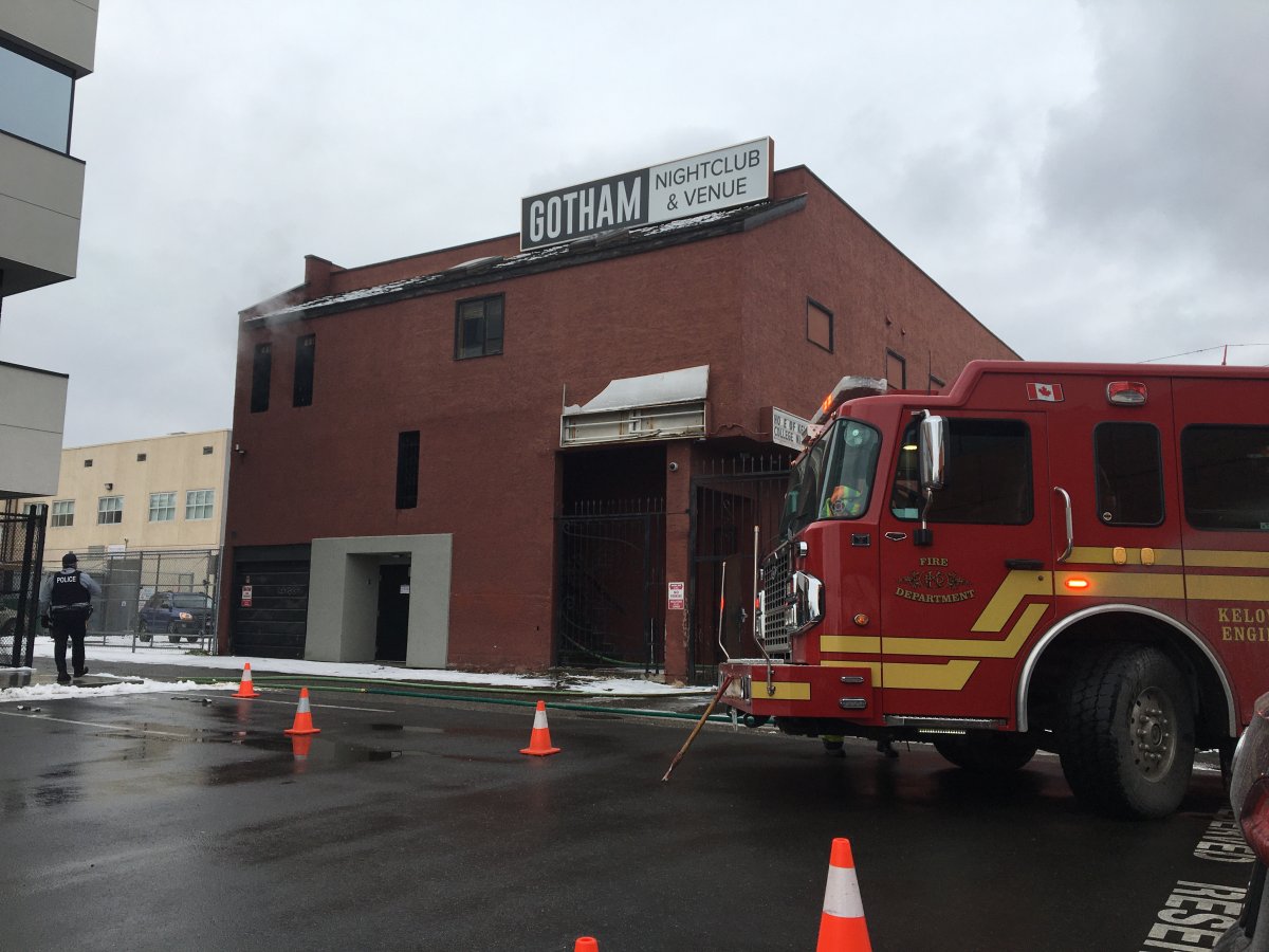 The Kelowna fire department doused a small fire that broke out in the stairwell at the rear of the Gotham Nightclub in Kelowna, B.C., on Monday, Jan. 25, 2021. 