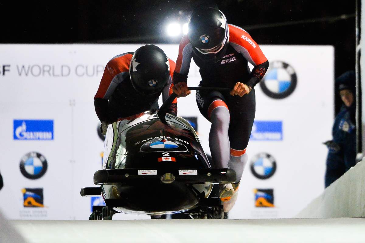 Kaille Humphries and Melissa Lotholz of Canada compete in the 2-woman Bobsleigh during the BMW IBSF Bobsleigh and Skeleton World Cup on November 17, 2017 in Park City, Utah.