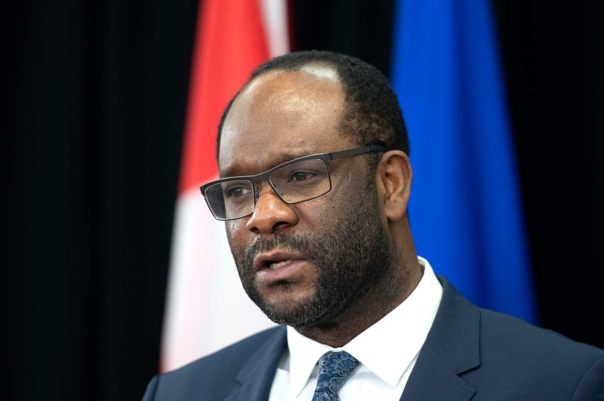 Alberta Justice Minister and Solicitor General Kaycee Madu speaking at an Alberta Parole Board update news conference in Edmonton, Alta. on Thursday, January 28, 2021.