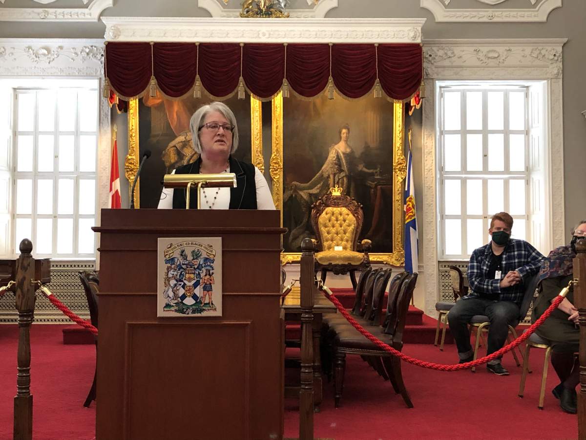 Margot Nickerson, president of CUPE 4645, speaks with reporters in Halifax on Jan. 28, 2021, about the wage gap between early childhood educators employed in childcare centres and those working in public schools.