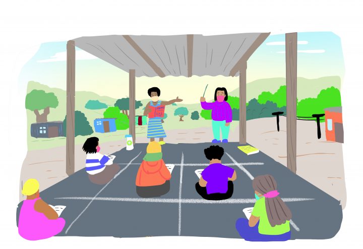 Children sitting with physical distancing attend classes in an outdoor learning shelter