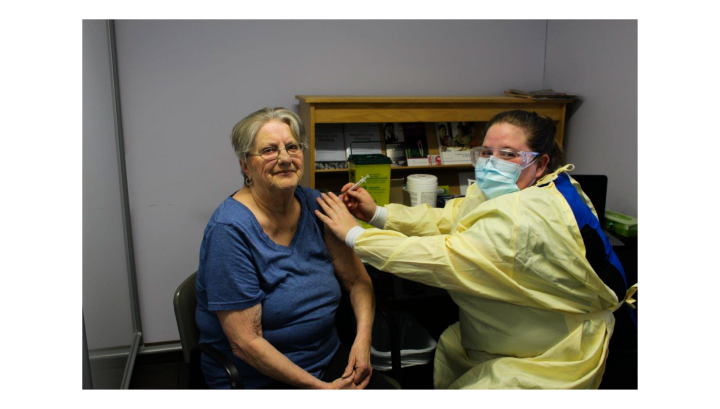 Nora Foster, a 71-year-old resident of Golden Dawn Senior Citizen Home in Lion’s Head, Ont., is Bruce County’s first person to be inoculated.