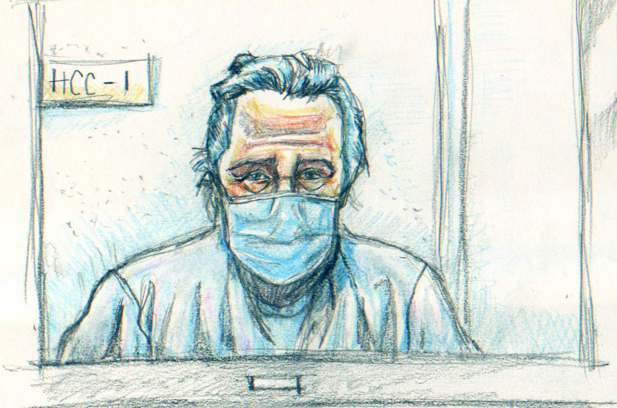 Peter Nygard appears over video in this courtroom sketch on Jan. 6, 2021.