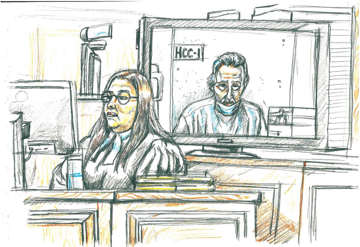 Peter Nygard, background, appears in a Manitoba courtroom by video link on Wednesday, Jan. 6, 2021.