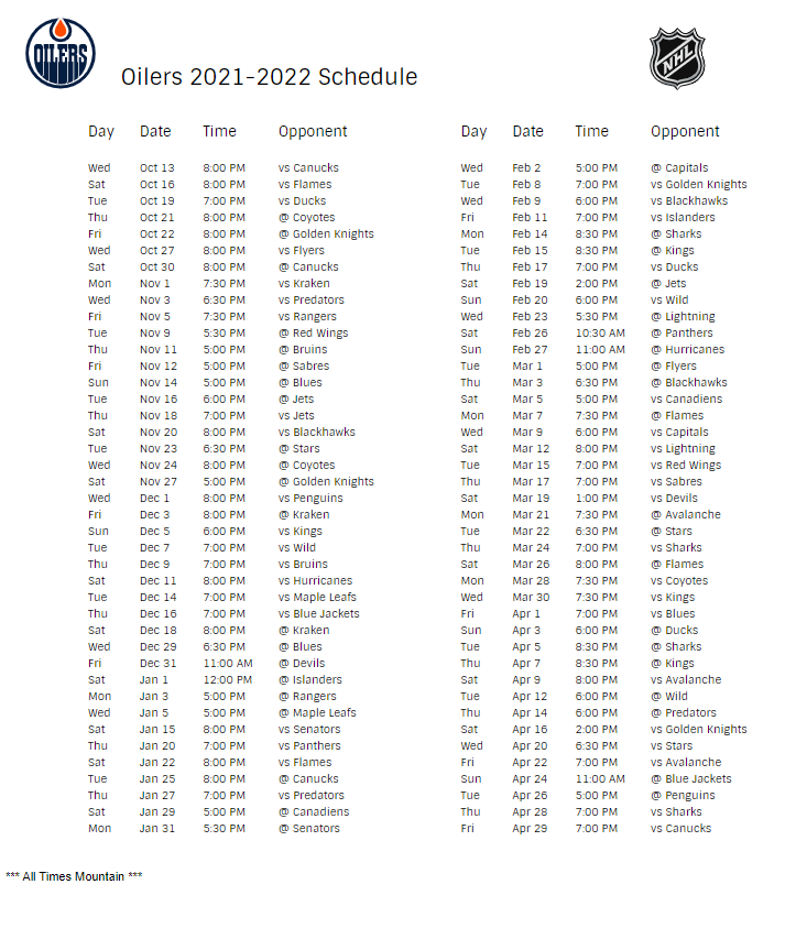 Printable Oilers Schedule 202524 Carma Stepha