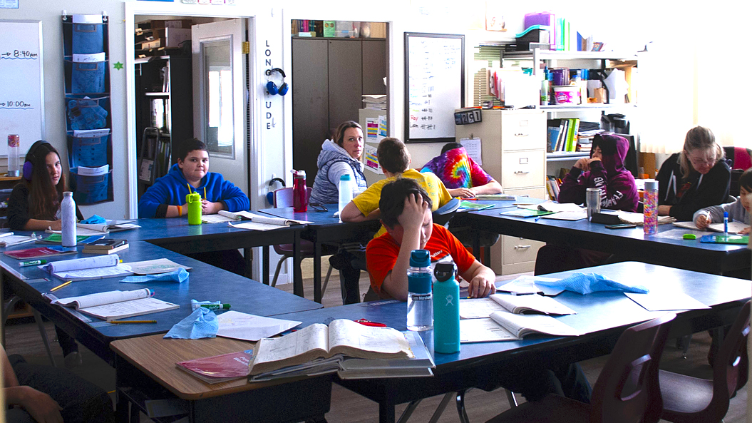 Students at their desks inside the Okanagan Indian Band’s Cultural Immerson School. The photo was taken prior to the COVID-19 pandemic.