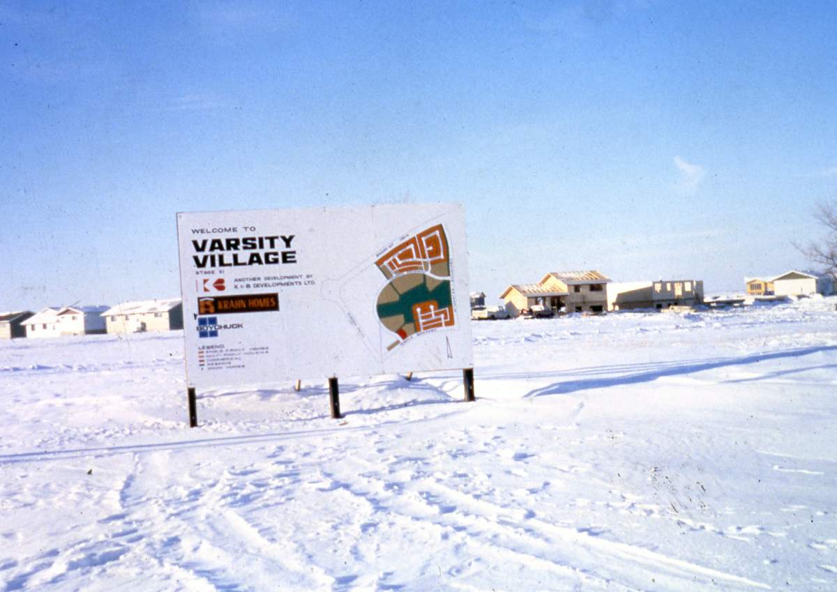 Image of a sign showing a map for the proposed development of Stage XI of the Varsity Village development southwest of the intersection of McMaster Boulevard and University Drive, north of Temple Boulevard. Taken in the 1970s.