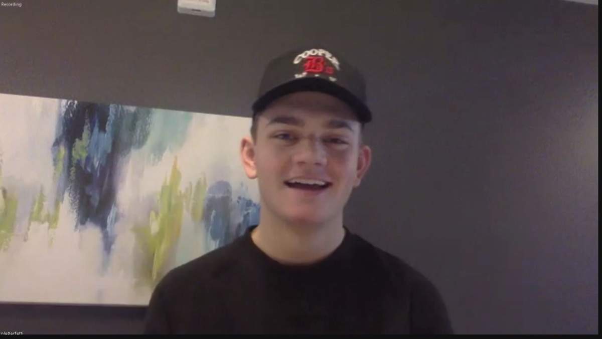 Winnipeg Jets first round draft pick Cole Perfetti answers questions from quarantine on Tuesday.