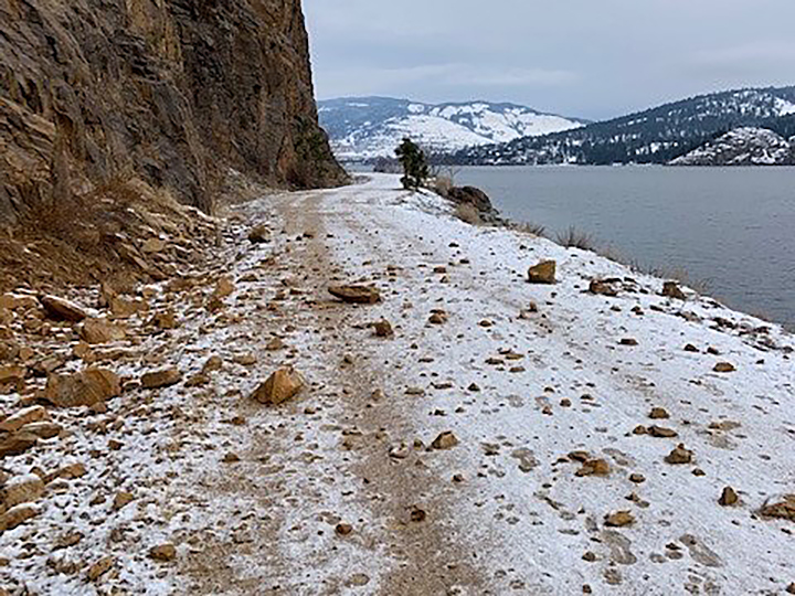 The North Okanagan regional district is warning of falling rocks during freeze-thaw weather cycles. It says path users should “choose sections of the trail that are not next to rock faces while we experience cycles of below and above freezing.”.