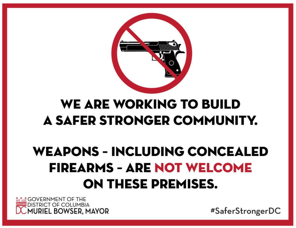 Washington, D.C., officials are asking businesses to post these “No Guns” posters in their windows.