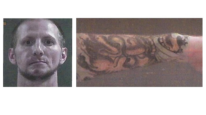 A photo of Terrance Allan Jones, and one of his right arm, which is heavily tattooed.