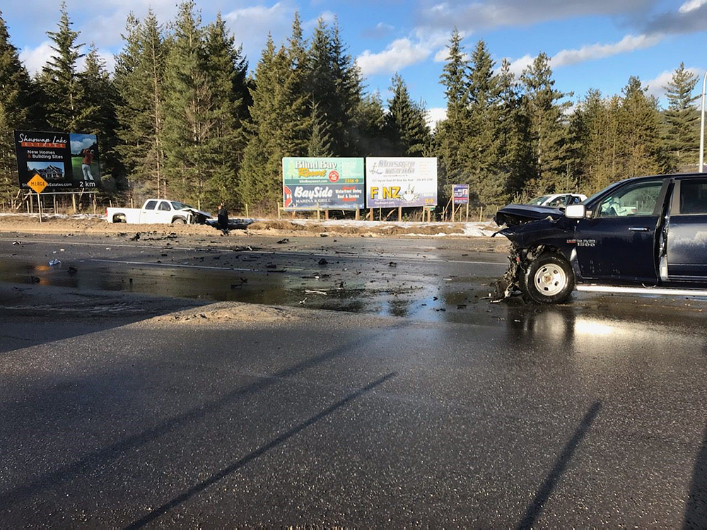 A photo showing two trucks with front-end damage following an accident along the Trans-Canada Highway in the Shuswap region on Wednesday afternoon.