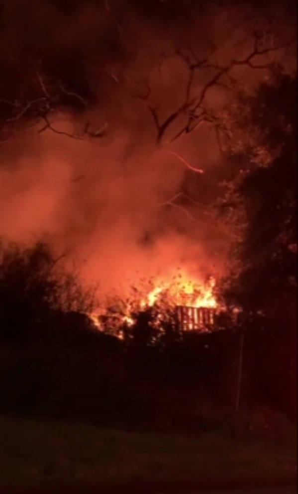 Cell phone video shows burning tent and wood structure burning in Beacon Hill Park Thursday night.