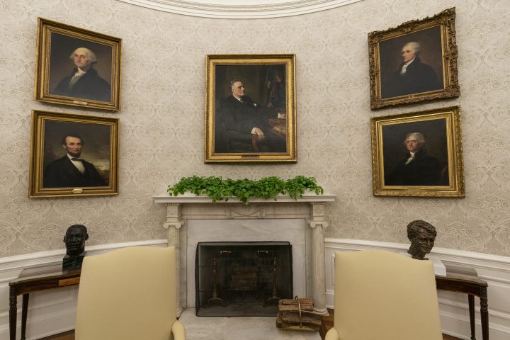 The Oval Office of the White House is newly redecorated for the first day of President Joe Biden’s administration, Wednesday, Jan. 20, 2021, in Washington.