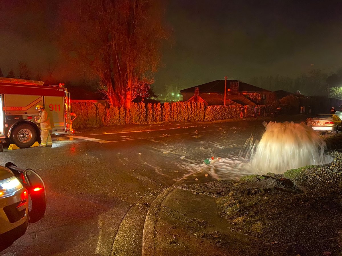 Water gushes from a sheared-off fire hydrant, flooding the area of Royal Oak and Marine Drive, following a chaotic spree of damage by a suspected drunk driver.