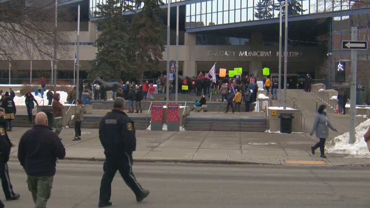 Pro-Trump protesters at Calgary City Hall on Wednesday, Jan. 6, 2021.
