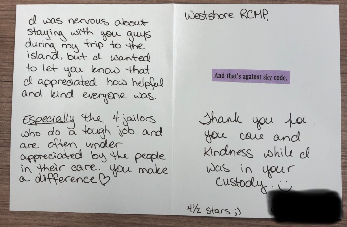 Woman arrested near Victoria, B.C., gives RCMP 4.5-star review in thank-you card - image