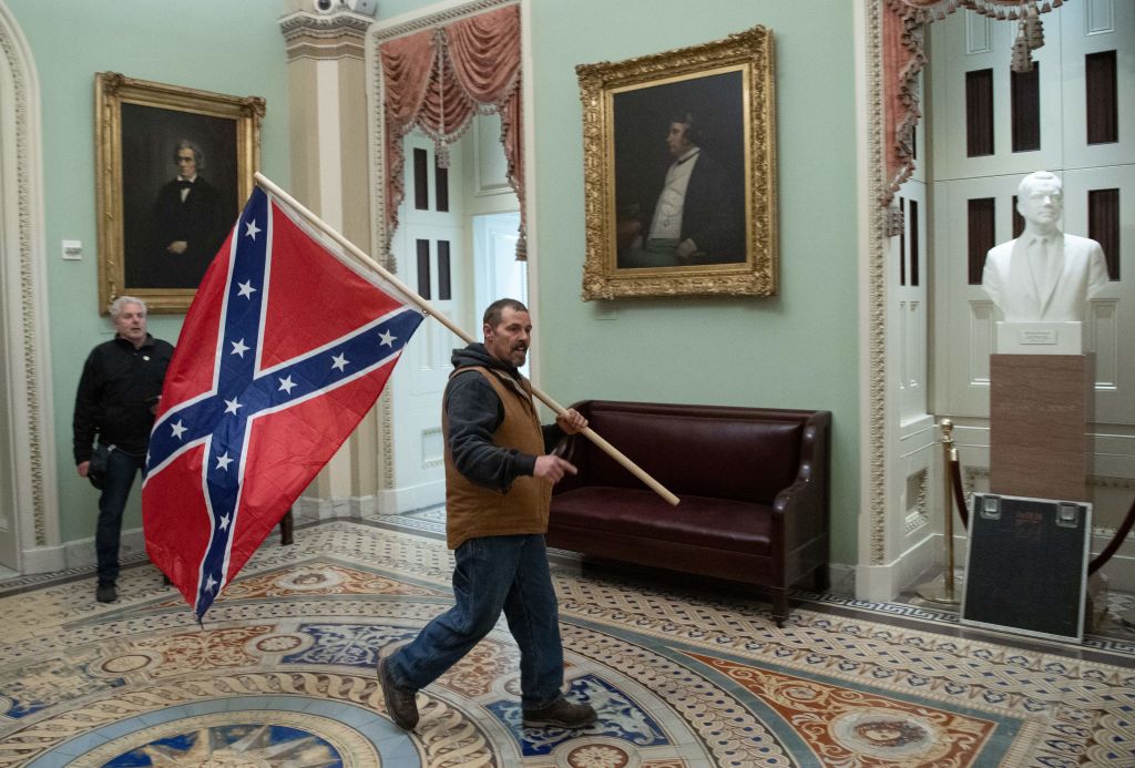 Supporters of U.S. President Donald Trump protest in the U.S. Capitol Rotunda on Jan. 6, 2021, in Washington, D.C.
