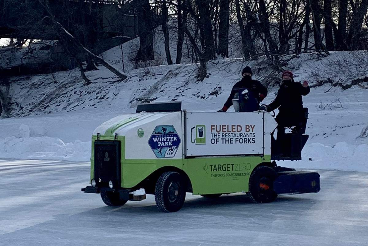 A Zamboni takes to the ice at The Forks for the official opening of the Centennial River Trail.