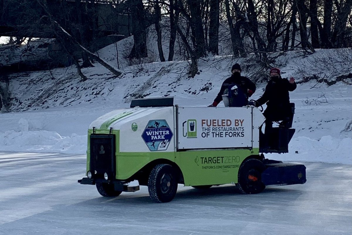 A Zamboni takes to the ice at The Forks for the official opening of the Centennial River Trail.