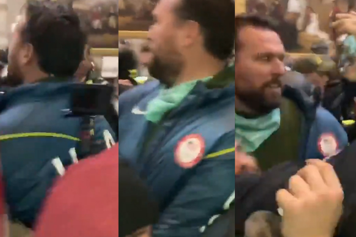 This composite image appears to show U.S. Olympic swimmer Klete Keller in his Team USA jacket at the U.S. Capitol during a pro-Trump riot on Jan. 6, 2021.