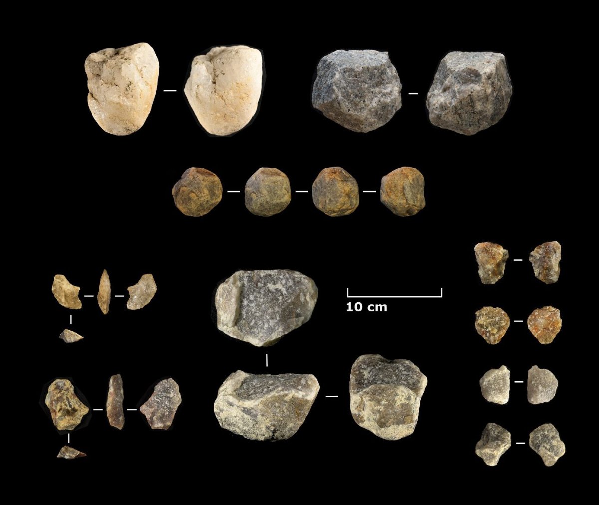 Stone tools found at Oldupai Gorge, an African site considered by many to be where humans first appeared are shown in this undated handout photo. To the uninitiated, they look like chipped rocks.
To Julio Mercader of the University of Calgary, they look like two-million-year-old messages from the earliest days of human technology. 