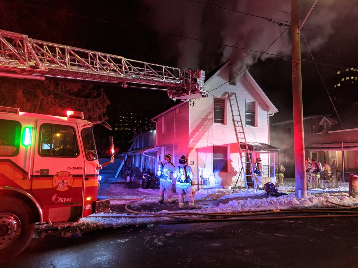 Ottawa fire crews battle a two-alarm blaze on Hinchey Avenue on Jan. 12, 2021.